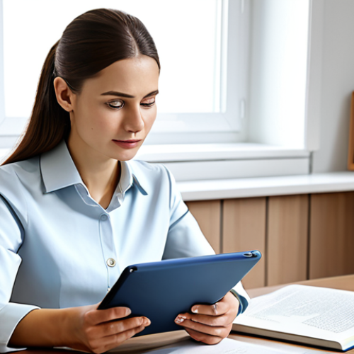 Home 11 A focused professional woman in a modest, elegant blouse and tailored trousers, seated at a minimalist wooden desk. A modern tablet displays a Russian language AI chat interface, while a traditional open textbook lies nearby, symbolizing a blend of classic and modern learning methods. She has a thoughtful, confident expression, embodying deep understanding and personal progress. The setting is a brightly lit, modern study room with natural light and a few green plants, creating a calm atmosphere. Professional photography, high resolution, detailed, perfect anatomy, correct proportions, natural pose, well-formed hands, proper finger count, natural body proportions, fully clothed, modest clothing, appropriate attire, professional dress, safe for work, appropriate content, family-friendly.