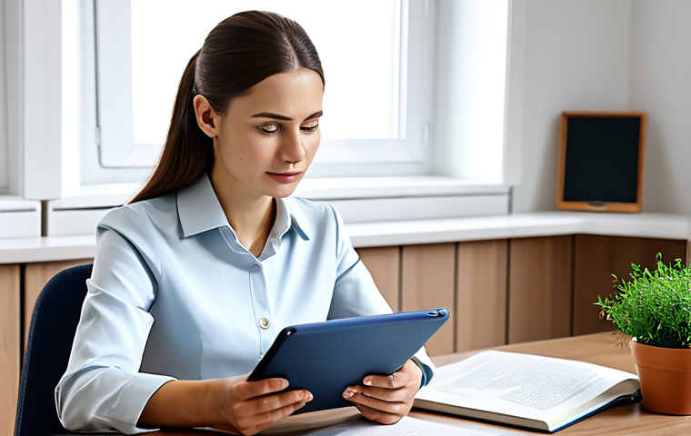 A focused professional woman in a modest, elegant blouse and tailored trousers, seated at a minimalist wooden desk. A modern tablet displays a Russian language AI chat interface, while a traditional open textbook lies nearby, symbolizing a blend of classic and modern learning methods. She has a thoughtful, confident expression, embodying deep understanding and personal progress. The setting is a brightly lit, modern study room with natural light and a few green plants, creating a calm atmosphere. Professional photography, high resolution, detailed, perfect anatomy, correct proportions, natural pose, well-formed hands, proper finger count, natural body proportions, fully clothed, modest clothing, appropriate attire, professional dress, safe for work, appropriate content, family-friendly.