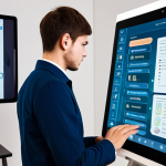 A professional young adult, fully clothed in modest attire, is engaged in a personalized Russian language lesson on a holographic tablet. The interface displays Russian words and interactive exercises tailored to their progress, with a subtle AI assistant glowing nearby. The person has a focused yet curious expression, indicating deep engagement. The background is a clean, modern study with warm ambient lighting. Perfect anatomy, correct proportions, natural pose, well-formed hands, proper finger count, natural body proportions, safe for work, appropriate content, professional, family-friendly.