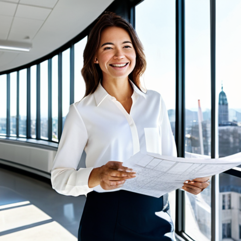 **

"A professional architect, fully clothed in a stylish, modern business casual outfit, standing in a bright, open-plan architectural office. Sunlight streams through large windows overlooking a cityscape. She is holding blueprints and smiling confidently. Safe for work, appropriate content, perfect anatomy, correct proportions, natural pose, well-formed hands, proper finger count, natural body proportions, professional, family-friendly."

**