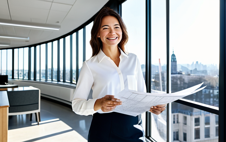 **

"A professional architect, fully clothed in a stylish, modern business casual outfit, standing in a bright, open-plan architectural office. Sunlight streams through large windows overlooking a cityscape. She is holding blueprints and smiling confidently. Safe for work, appropriate content, perfect anatomy, correct proportions, natural pose, well-formed hands, proper finger count, natural body proportions, professional, family-friendly."

**