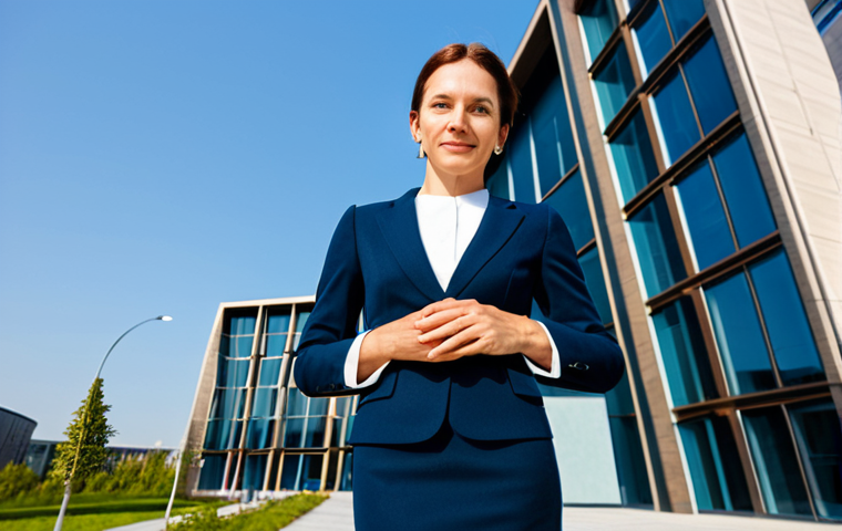 "A professional female architect, fully clothed in a stylish yet modest business dress, standing confidently in front of a modern, eco-friendly building she designed, perfect anatomy, correct proportions, natural pose, well-formed hands, proper finger count, natural body proportions, safe for work, appropriate content, professional, family-friendly, daytime lighting, showcasing architectural detail."