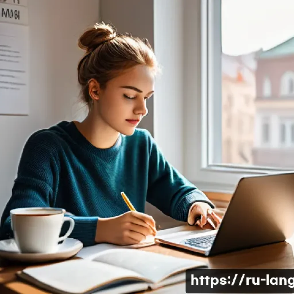 언어 교육에서의 실용 문법 교육 - A cozy modern study room with a young Russian adult practicing grammar exercises on a laptop, surrou...