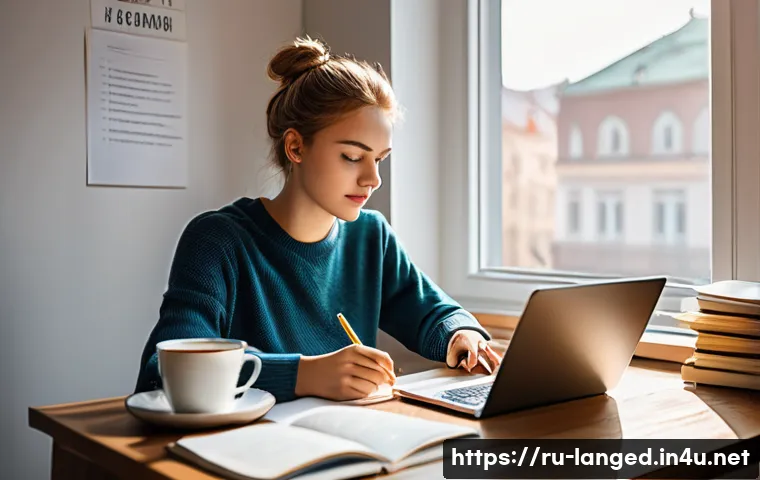 언어 교육에서의 실용 문법 교육 - A cozy modern study room with a young Russian adult practicing grammar exercises on a laptop, surrou...