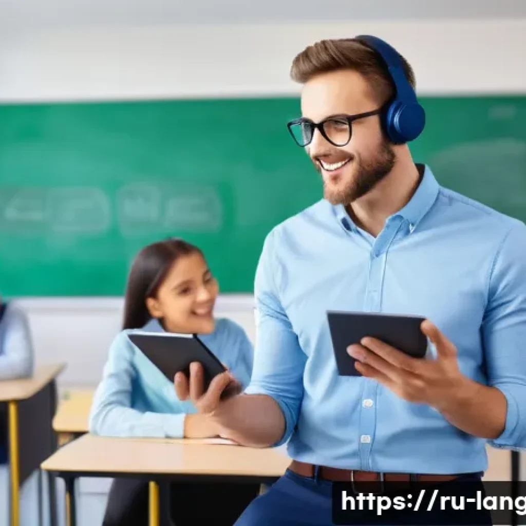 언어 교육에서의 교사 교육 - A modern language teacher in a bright, well-equipped classroom using interactive technology: a large...