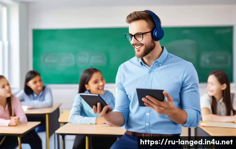 언어 교육에서의 교사 교육 - A modern language teacher in a bright, well-equipped classroom using interactive technology: a large...