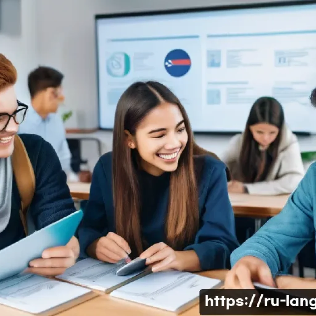 언어 교육 정책 - A modern classroom scene in Eastern Europe featuring a diverse group of young adult students engaged...