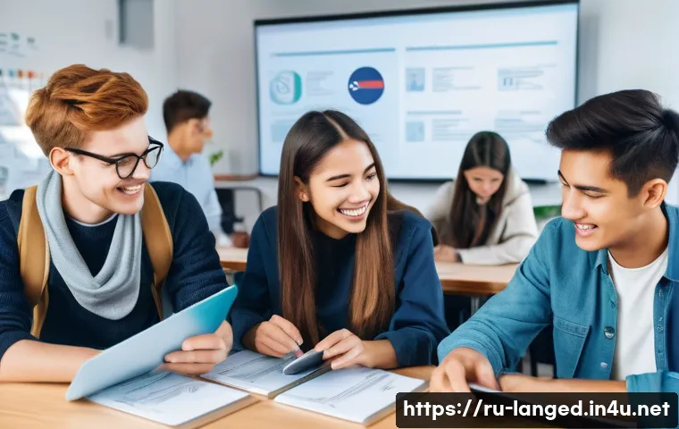 언어 교육 정책 - A modern classroom scene in Eastern Europe featuring a diverse group of young adult students engaged...