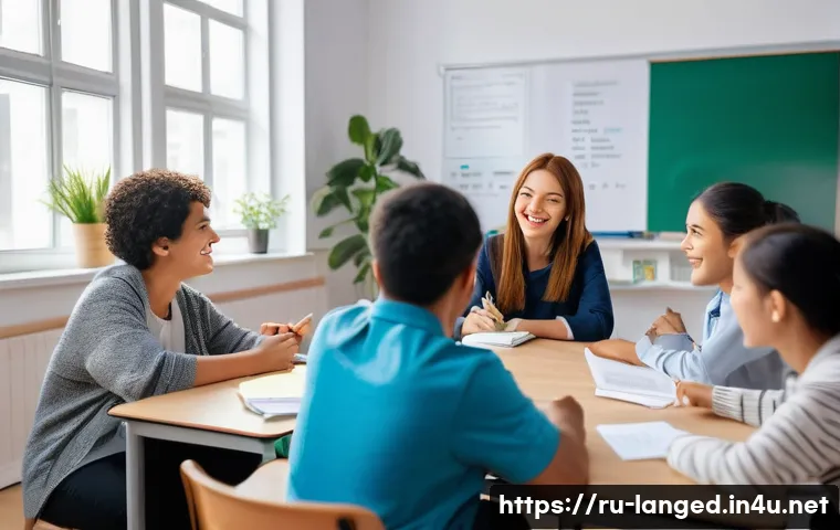 언어 교육에서의 수행 평가 - A vibrant classroom scene with diverse adult students actively participating in a language role-play...