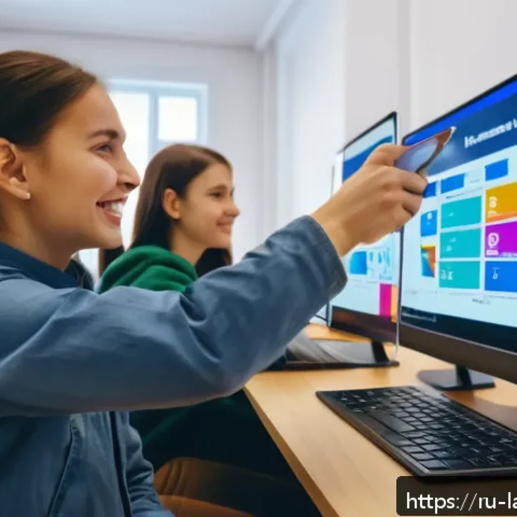 언어 교육에서의 교사 역량 개발 - A modern classroom scene in Russia showing a diverse group of adult students using laptops and table...