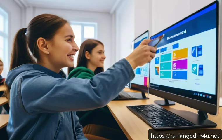 언어 교육에서의 교사 역량 개발 - A modern classroom scene in Russia showing a diverse group of adult students using laptops and table...