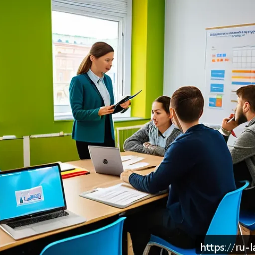 언어 교육학의 실습과 현장 연구 - A modern classroom scene in Russia where diverse adult students actively participate in a language l...