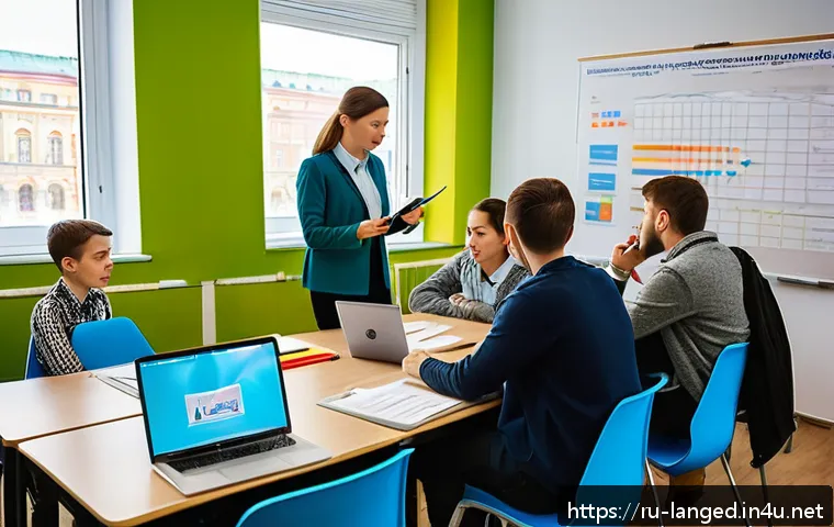 언어 교육학의 실습과 현장 연구 - A modern classroom scene in Russia where diverse adult students actively participate in a language l...