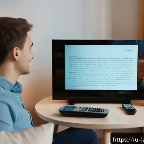 언어 학습 전략과 접근법 - A cozy living room scene showing a young Russian adult watching a comedy TV series on a modern flat-...