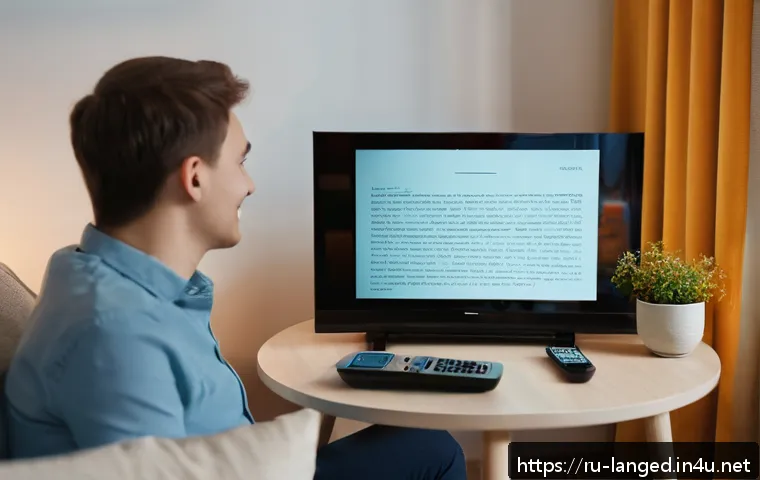 언어 학습 전략과 접근법 - A cozy living room scene showing a young Russian adult watching a comedy TV series on a modern flat-...
