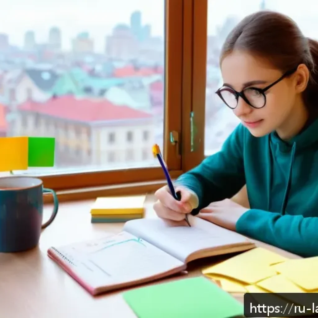 언어 교육의 의미론적 접근 - A cozy study room scene featuring a young adult Russian learner sitting at a wooden desk with an ope...