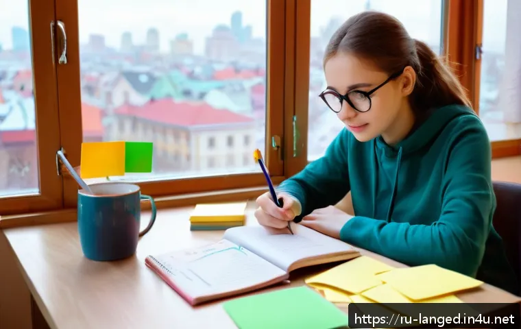 언어 교육의 의미론적 접근 - A cozy study room scene featuring a young adult Russian learner sitting at a wooden desk with an ope...
