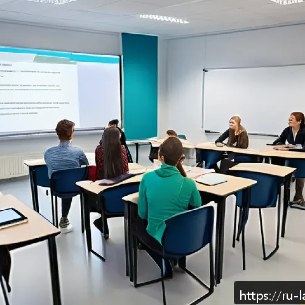 언어 교육 과정 개발 - A modern language classroom scene showing a diverse group of adult Russian-speaking students engaged...