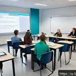 언어 교육 과정 개발 - A modern language classroom scene showing a diverse group of adult Russian-speaking students engaged...
