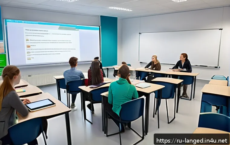 언어 교육 과정 개발 - A modern language classroom scene showing a diverse group of adult Russian-speaking students engaged...
