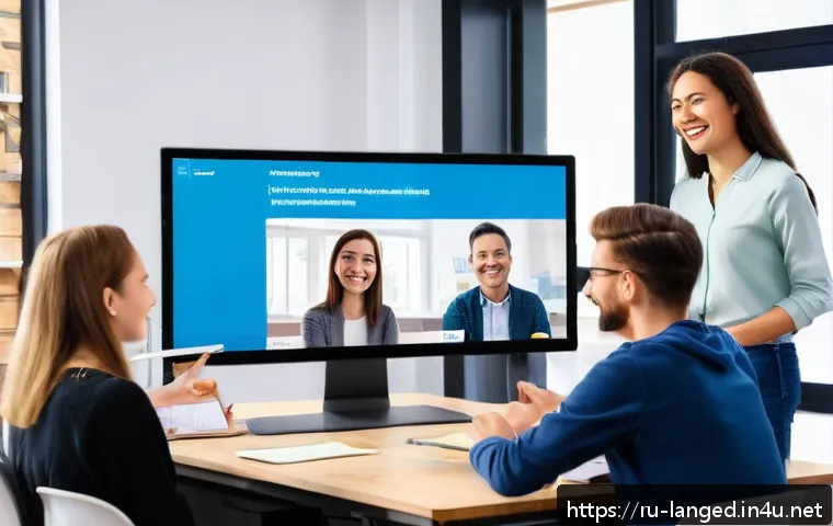 언어 교육에서의 그룹 활동 - A diverse group of young Russian adults engaged in a lively online language learning session, displa...