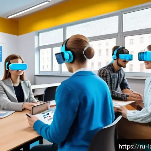 언어 교육에서의 대학원생 연구 - A modern classroom scene in Russia featuring young graduate students using augmented reality headset...