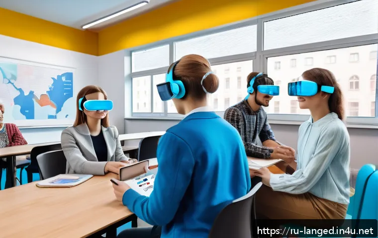 언어 교육에서의 대학원생 연구 - A modern classroom scene in Russia featuring young graduate students using augmented reality headset...