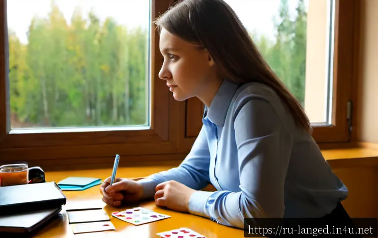 Home 17 언어 학습의 인지적 요소 - Photorealistic Russian adult language learner seated at a tidy apartment desk in Moscow, thoughtfull...