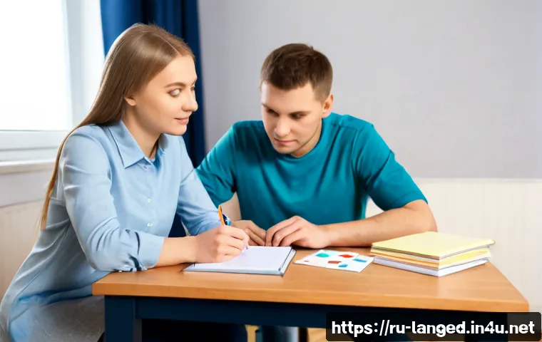 Home 17 언어 학습자의 오류 분석 - Photorealistic Russian language tutor and adult learner seated across a tidy wooden table in a brigh...